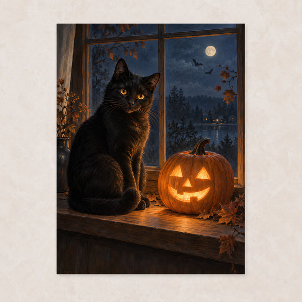 Svart Katt i Fönstret – Halloweenposter