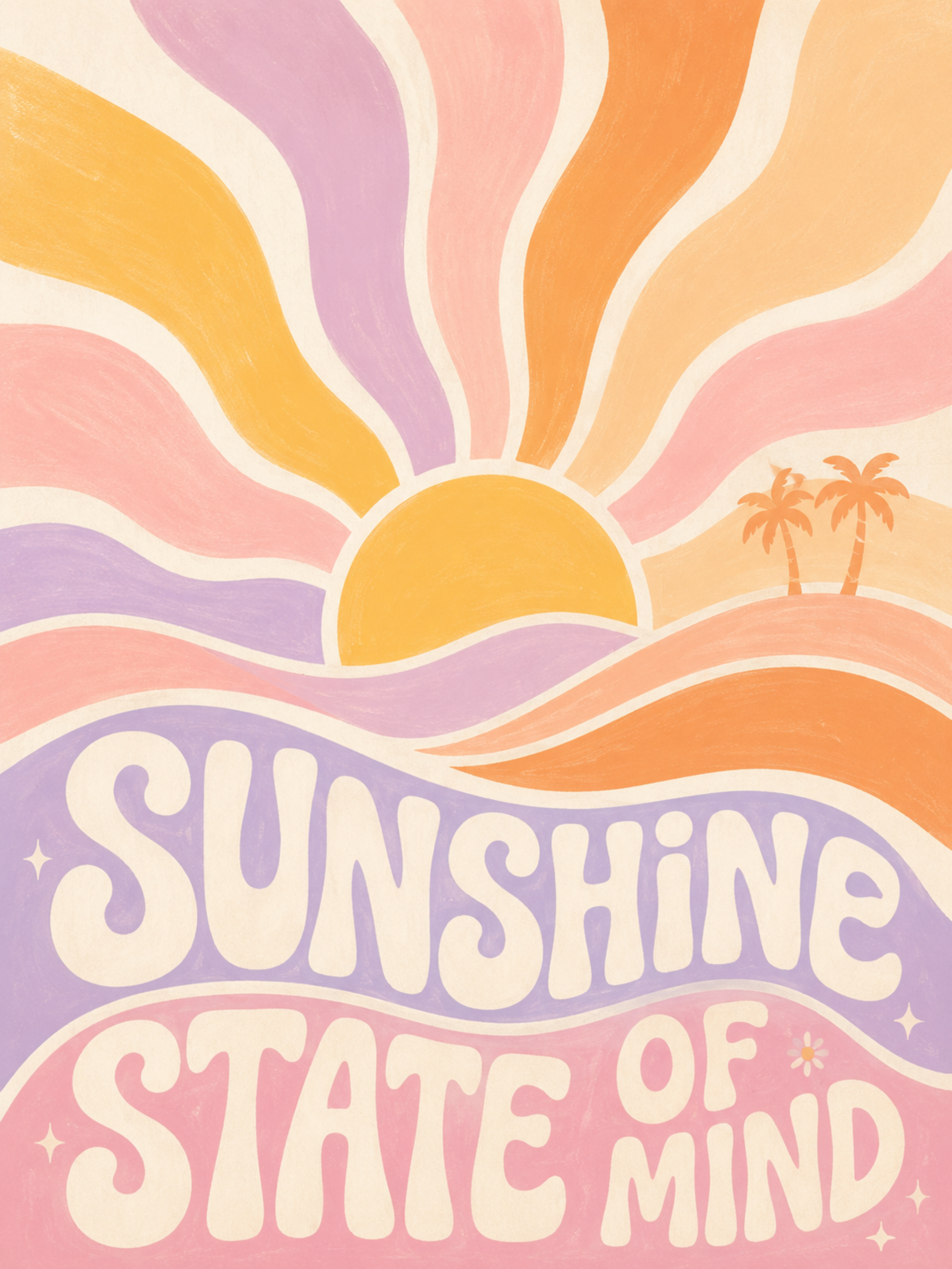 Sunshine State of Mind poster – retro 70-tals sol och palmer i pastell