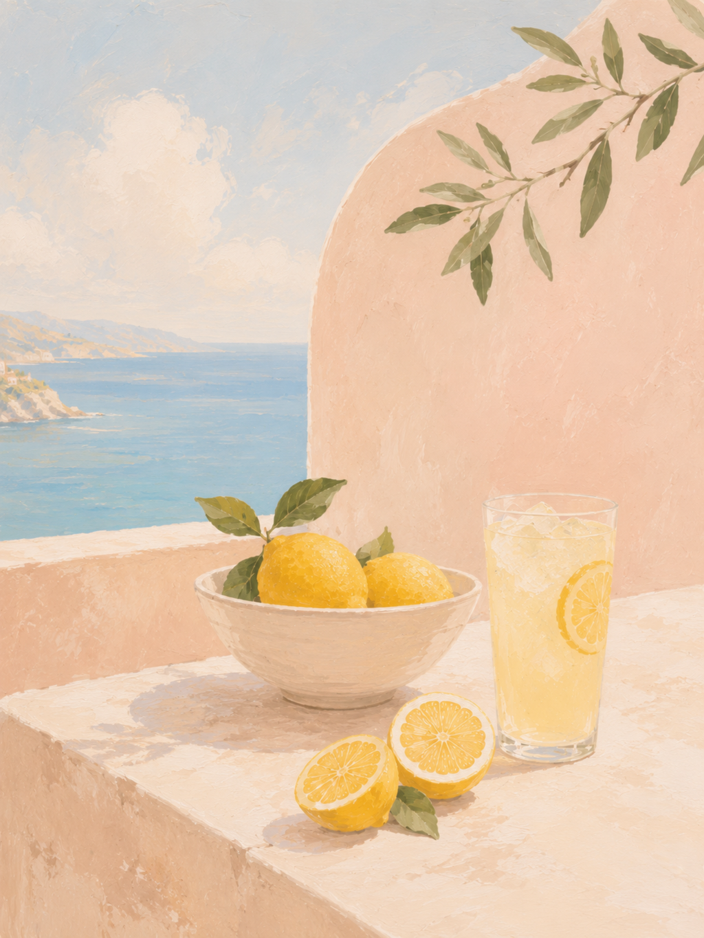 Citroner vid Kusten poster – oljemålad stilleben med citroner, lemonad och havsutsikt