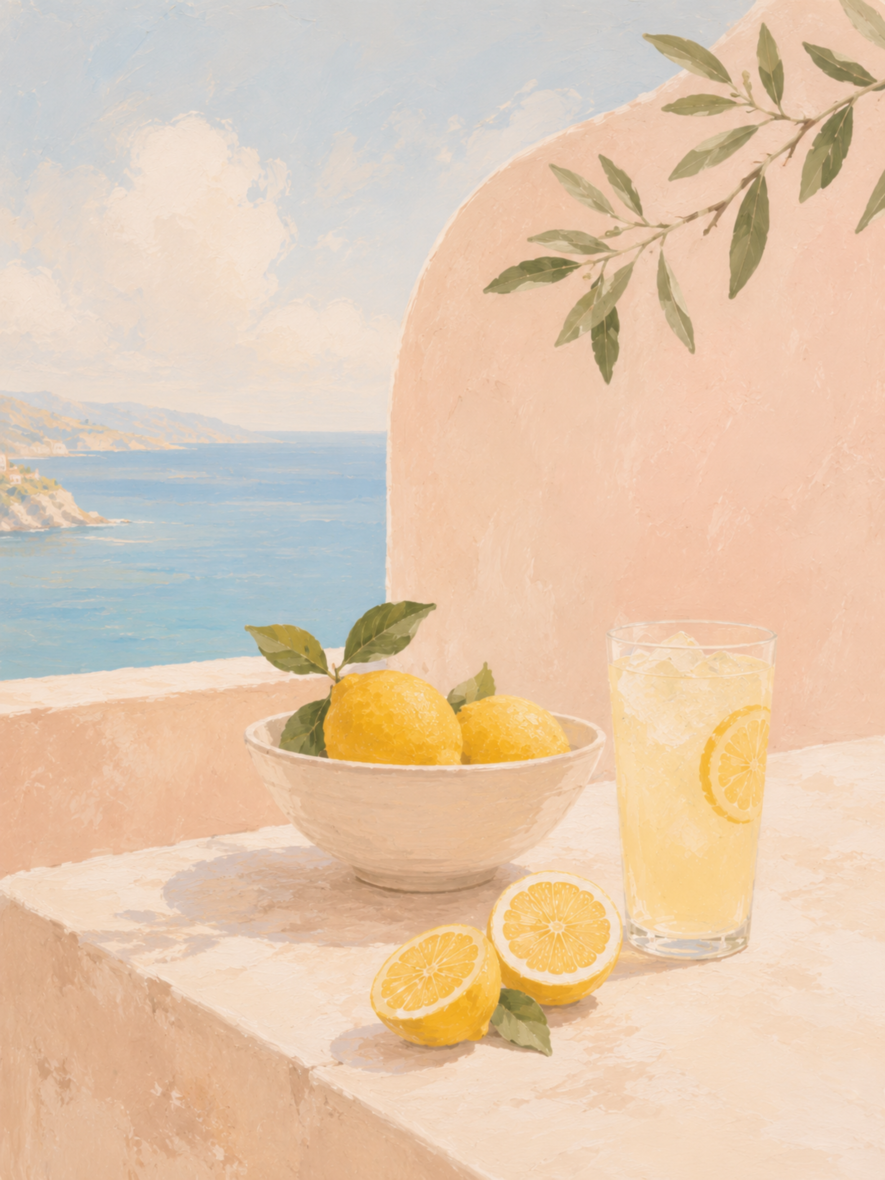 Citroner vid Kusten poster – oljemålad stilleben med citroner, lemonad och havsutsikt