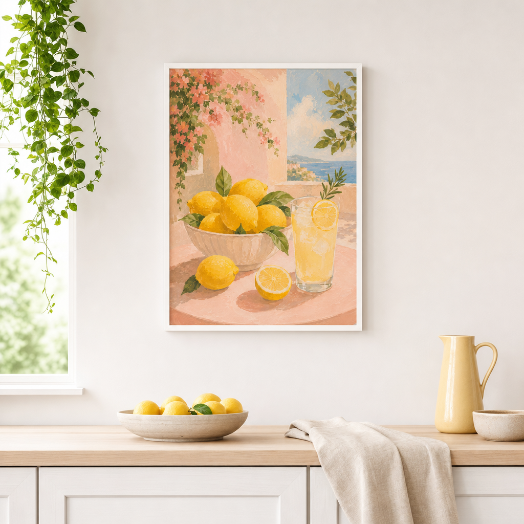 Citroner vid Medelhavet poster i vit ram i ljust kök