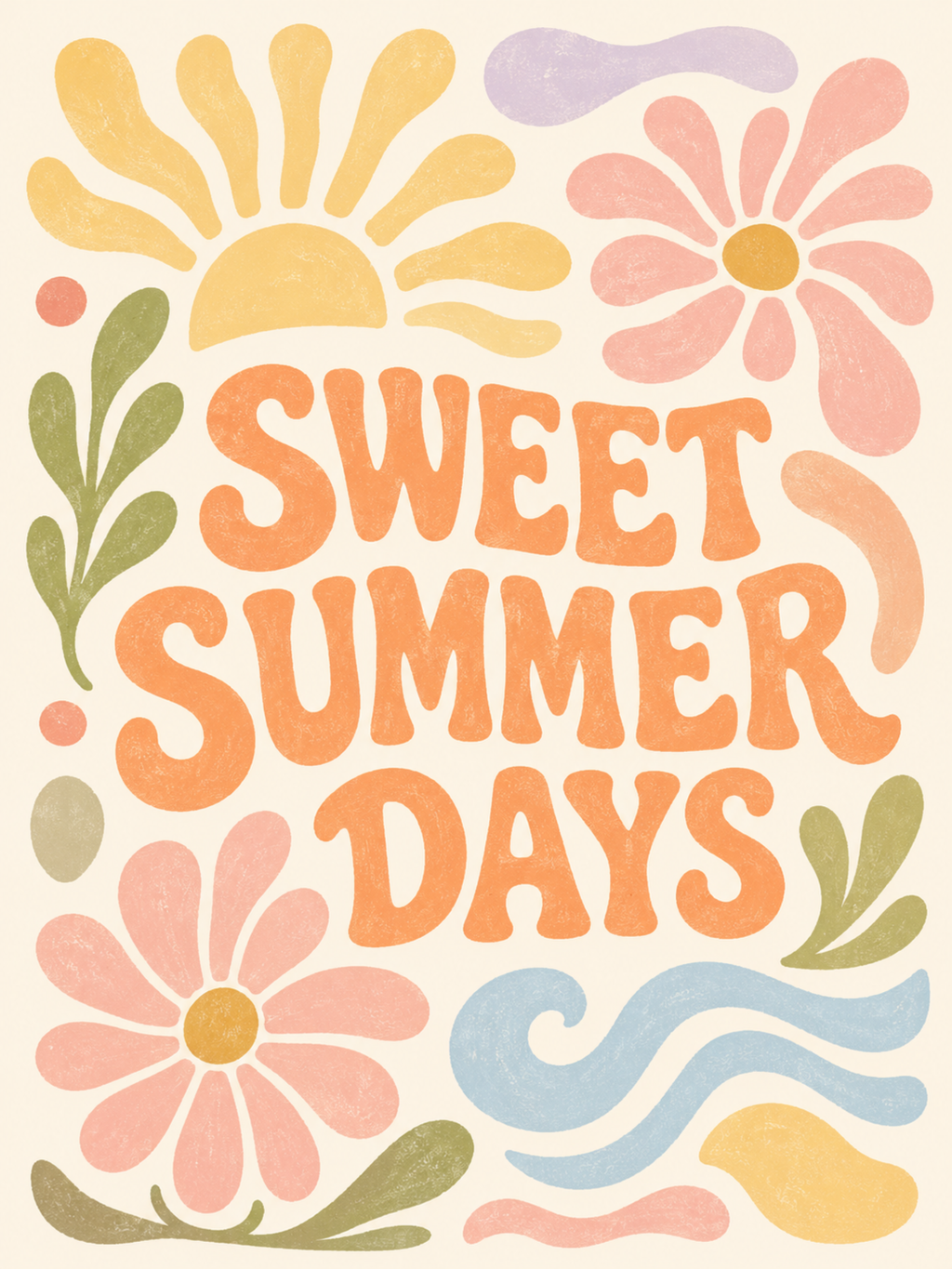 Sweet Summer Days poster – retro blomstermotiv med sol i pastellfärger