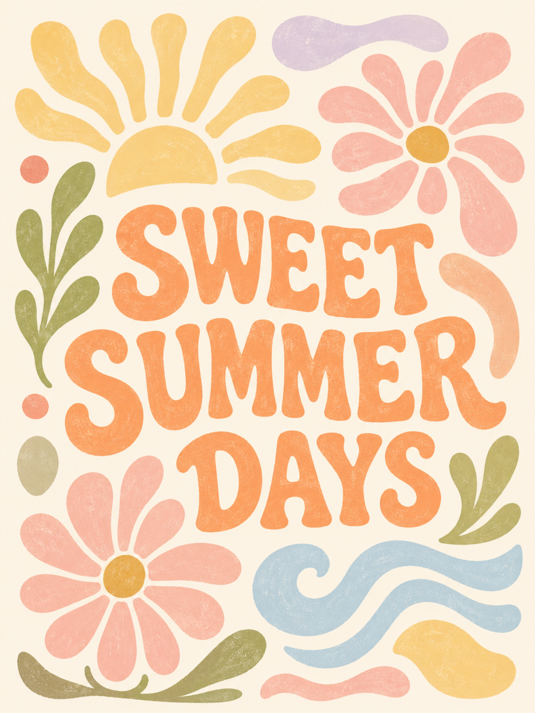 Sweet Summer Days poster – retro blomstermotiv med sol i pastellfärger