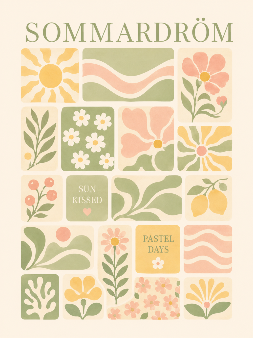 Sommardröm poster – retro blomstermotiv i pastellgrönt, gult och persika