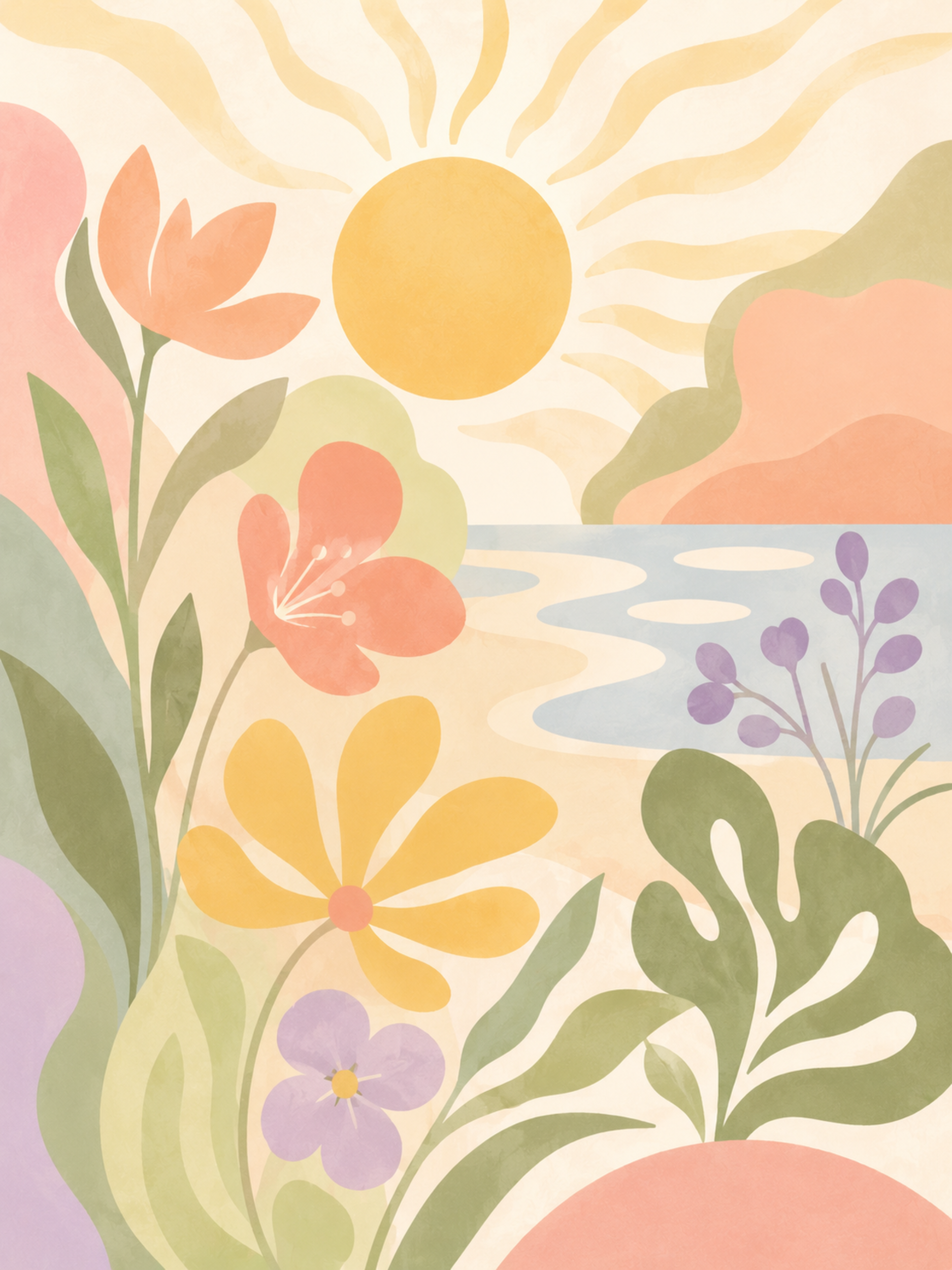 Pastell solnedgång poster – boho blommor och sol i persika, gult och salvia