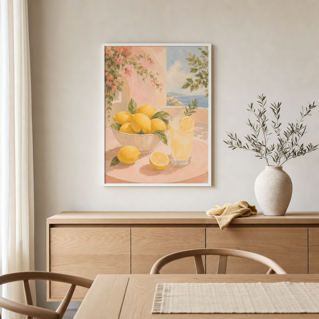 Citroner vid Medelhavet poster i vit ram ovanför sideboard i matrum, visar skala