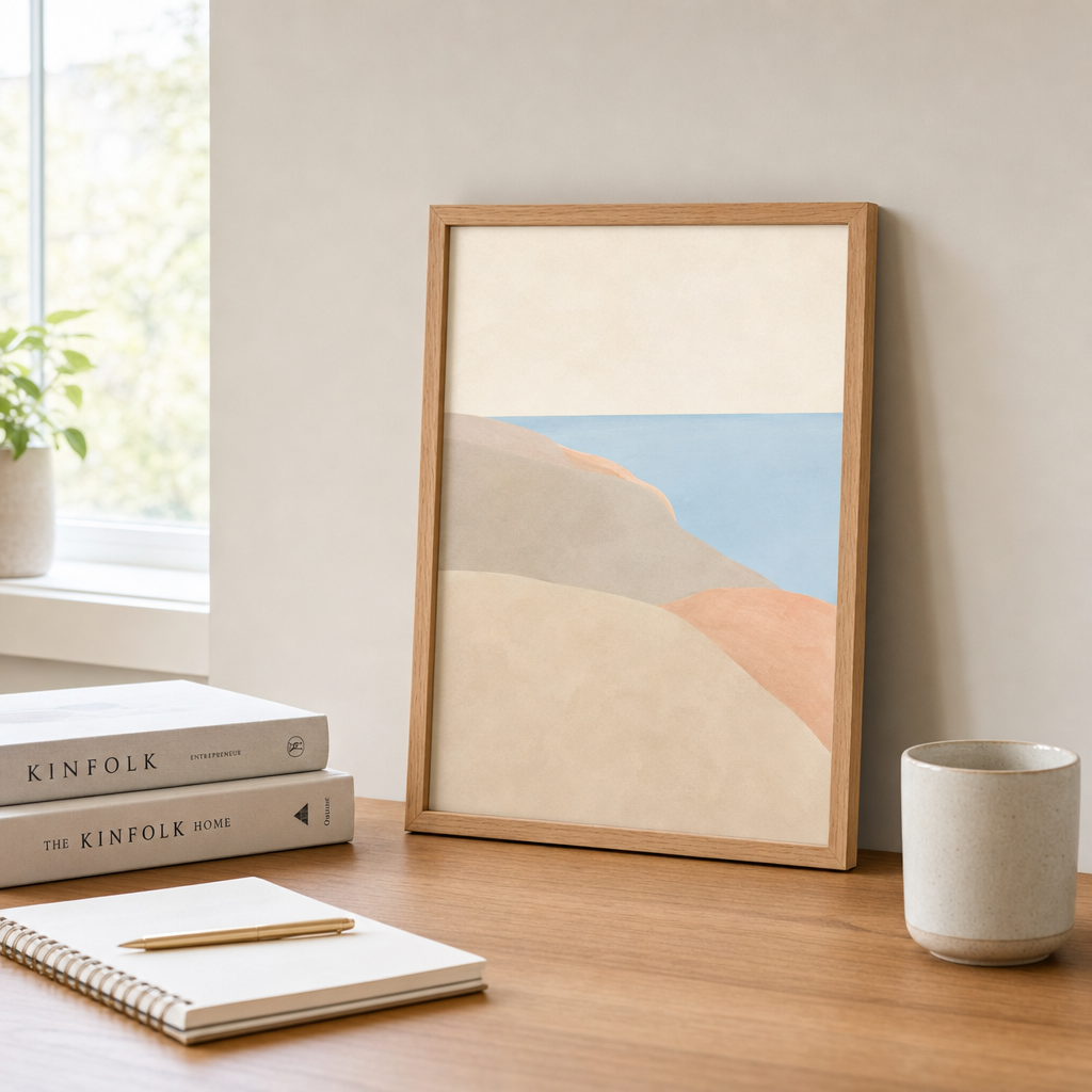 Abstrakt Kustvy poster i liten 30x40 på skrivbord