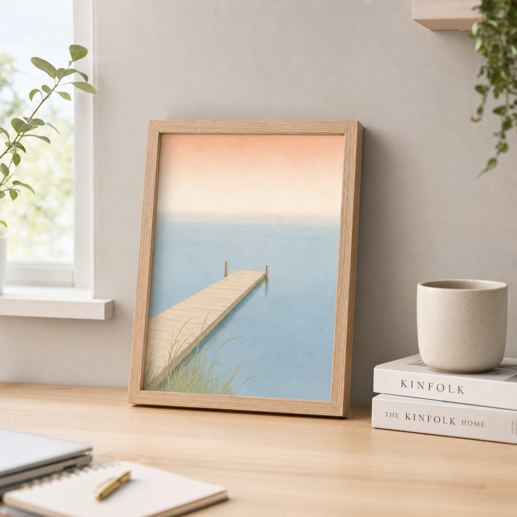 Brygga i Solnedgång poster i liten 30x40 på skrivbord