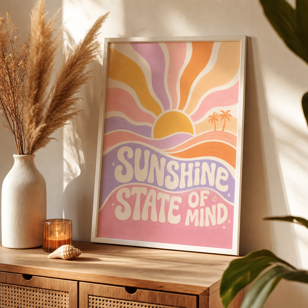 Sunshine State of Mind poster i vit ram lutad på byrå, stylad