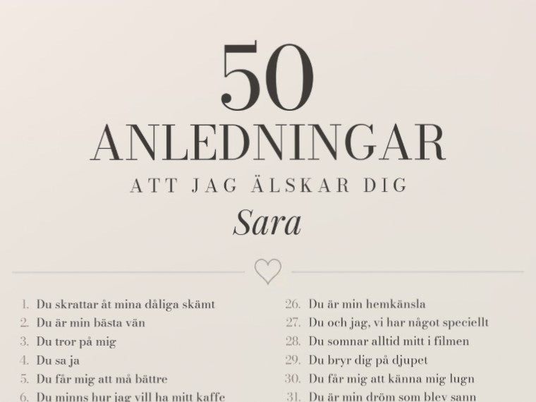 Närbild på hennes namn under rubriken 50 anledningar att jag älskar dig