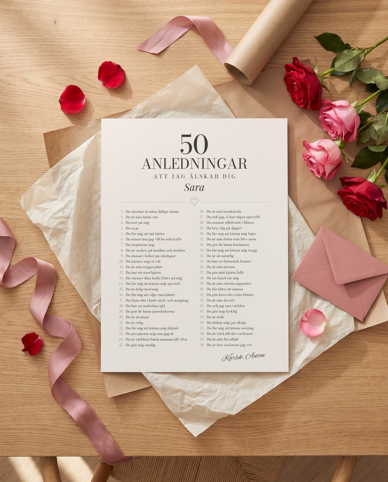 Personlig poster 50 anledningar med namnet Sara inslagen som present med rosor