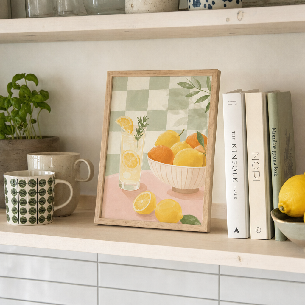 Lemonad & Citrus poster i ekram på kökshylla