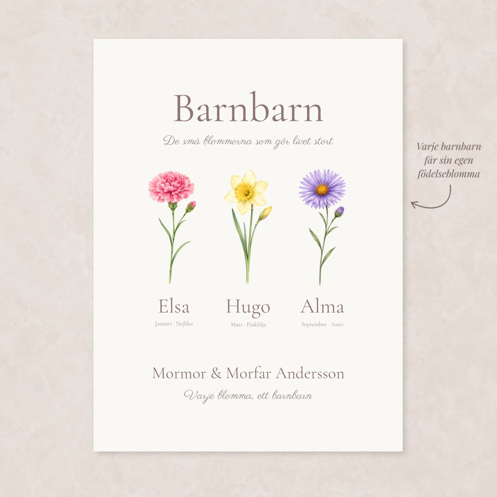 Barnbarnstavla med födelseblommor – Familjeblom Barnbarn