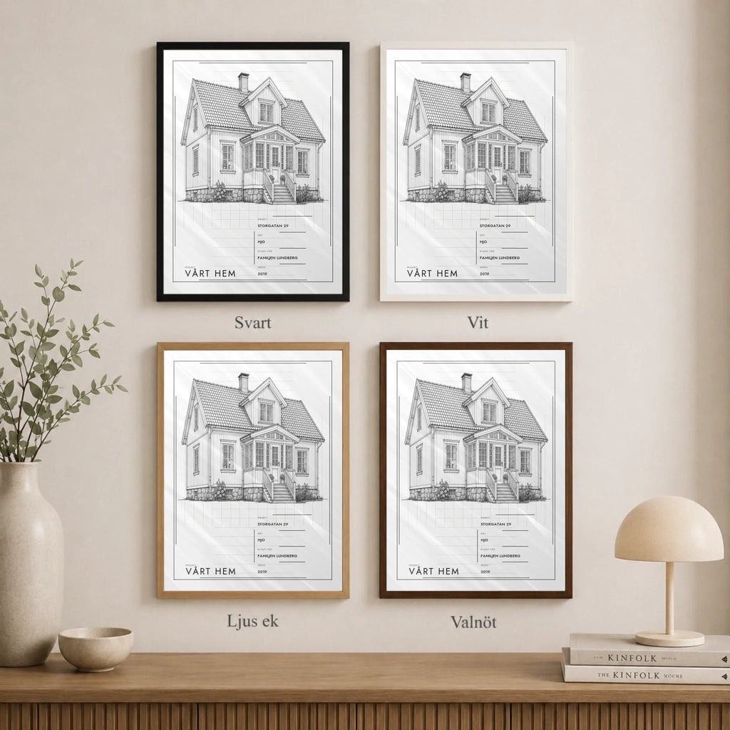 Husposter som arkitektritning – Vårt hem, på väggen