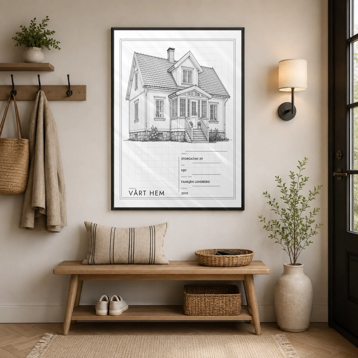 Husposter som arkitektritning – Vårt hem, i hallen