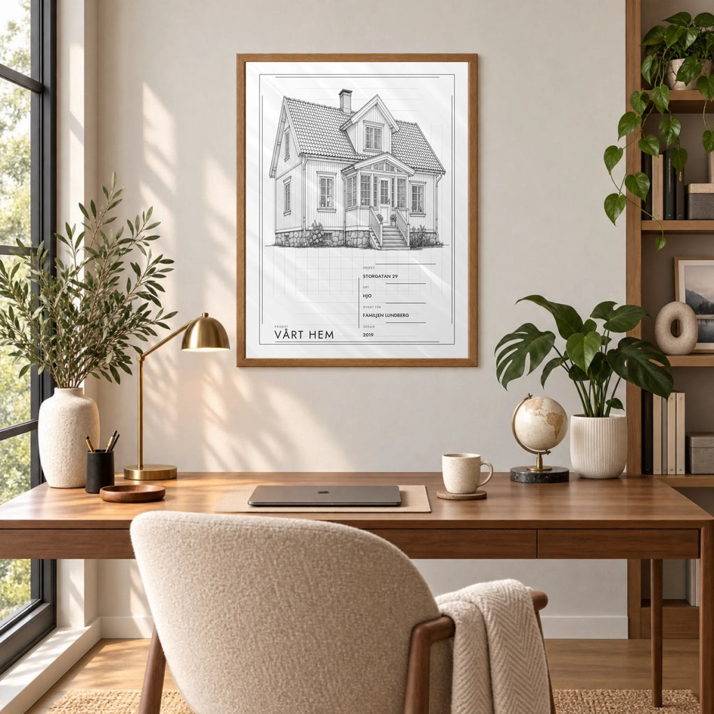 Husposter som arkitektritning – Vårt hem, i hemmakontoret