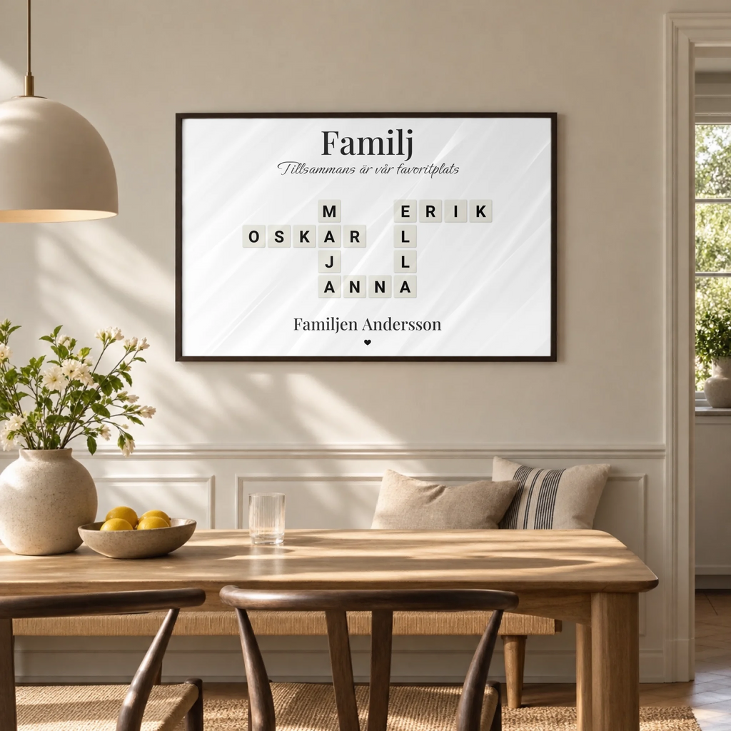 Liggande familjetavla med namn – Familjeband, på väggen