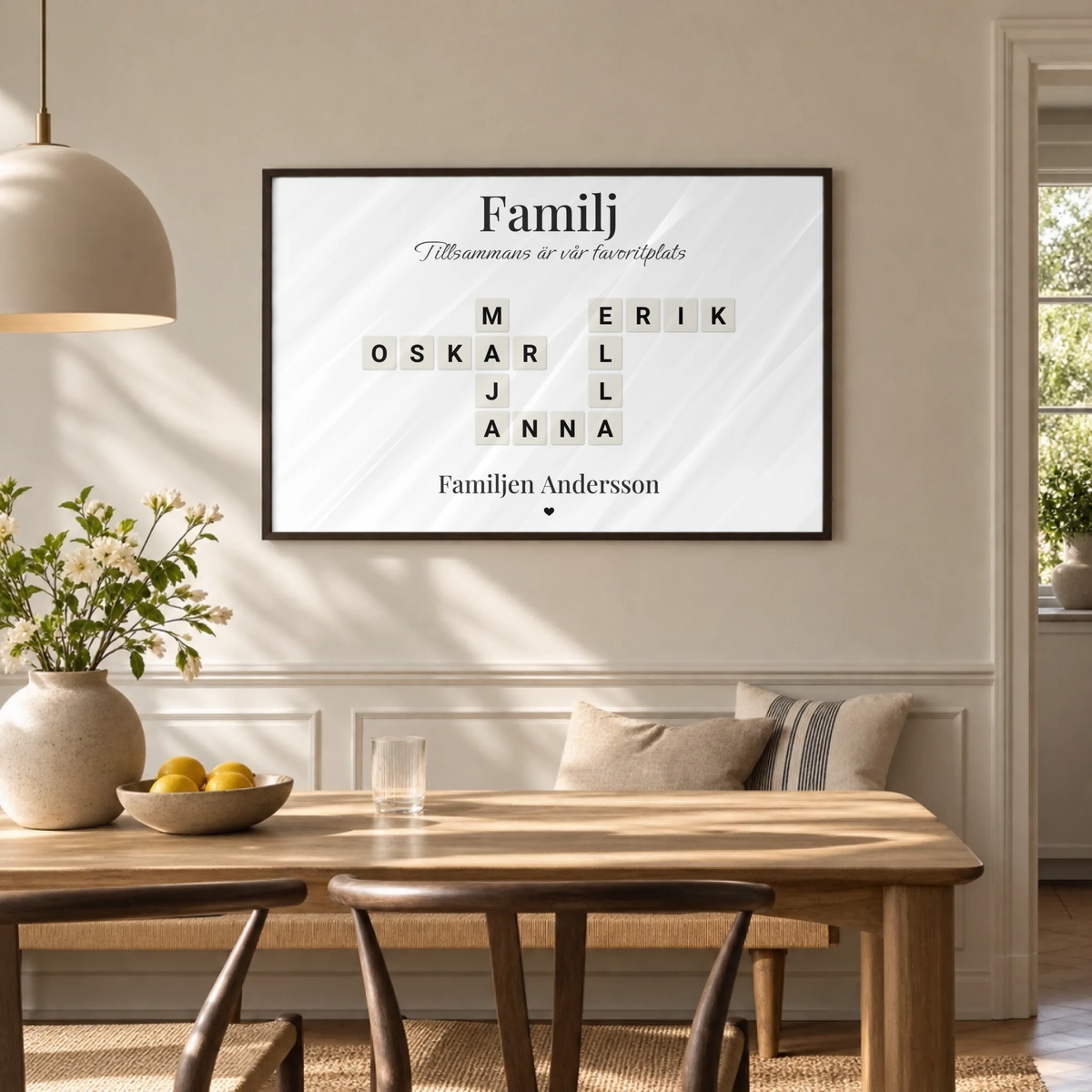 Liggande familjetavla med namn – Familjeband, på väggen