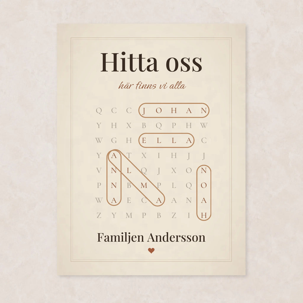 Hitta oss – familjetavla som ordletare med namn