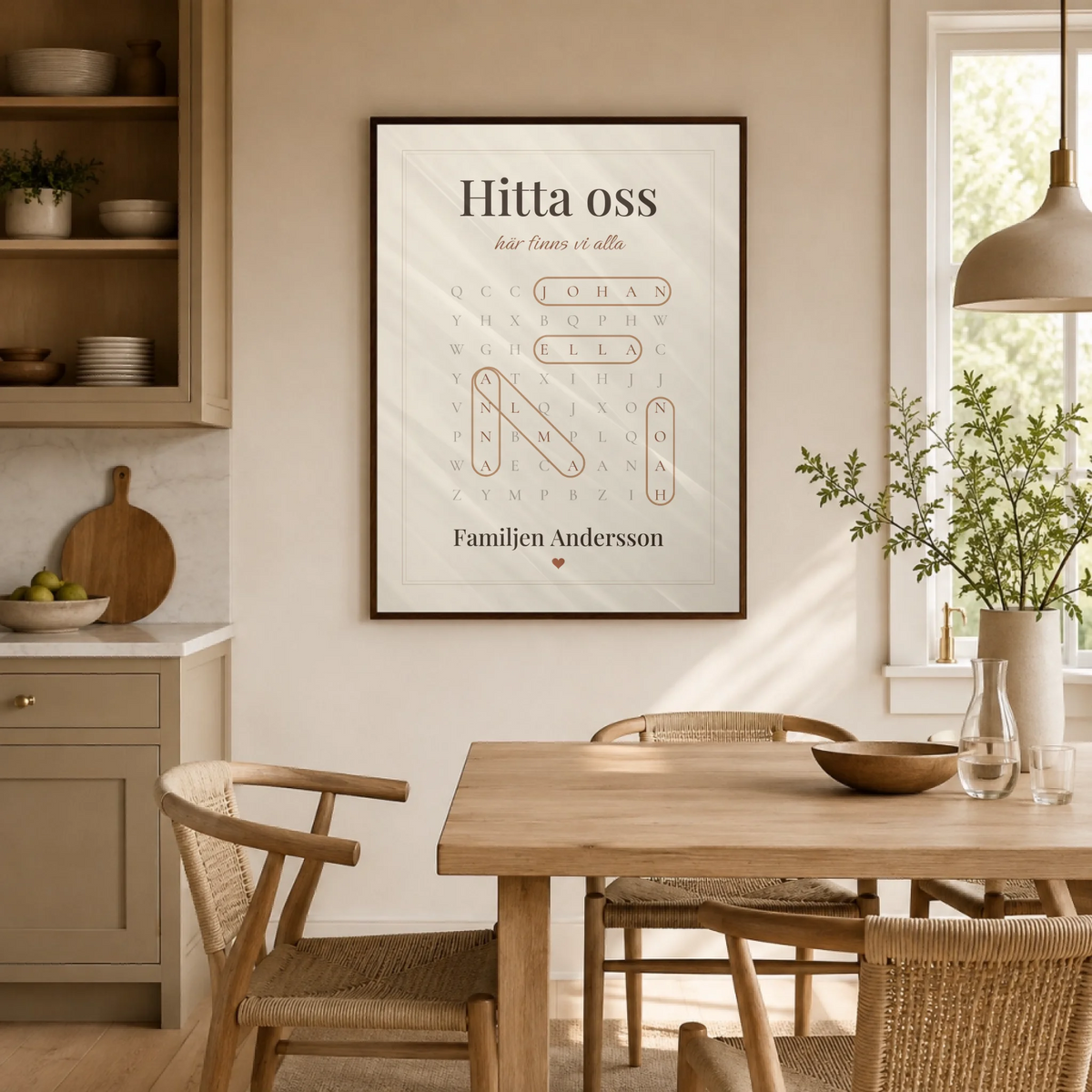 Hitta oss – familjetavla som ordletare med namn, i matsalen