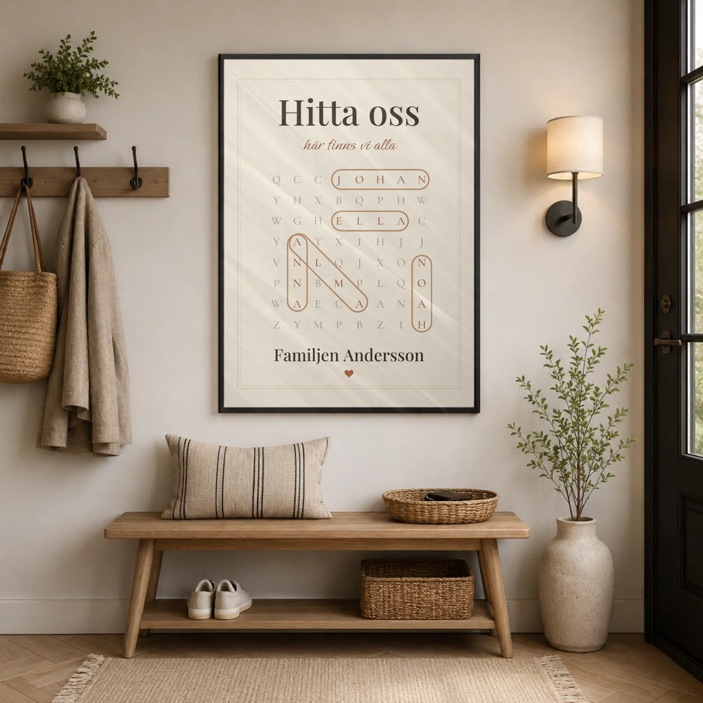 Hitta oss – familjetavla som ordletare med namn, i hallen