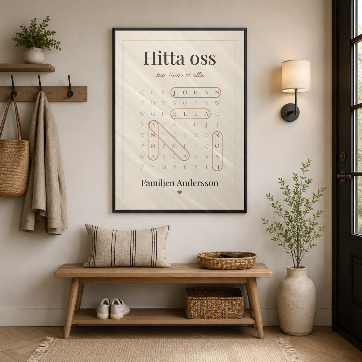 Hitta oss – familjetavla som ordletare med namn, i hallen