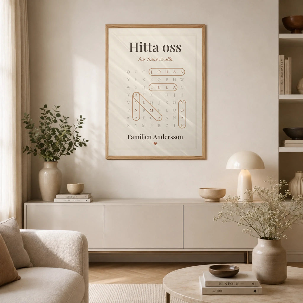 Hitta oss – familjetavla som ordletare med namn, i vardagsrummet