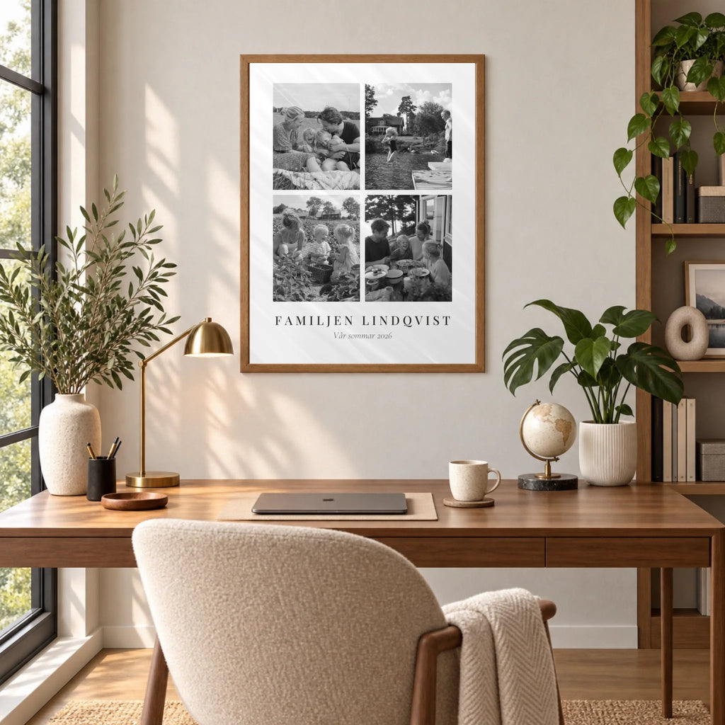 Svartvitt fotocollage med fyra bilder – Fyra Ögonblick, i hemmakontoret