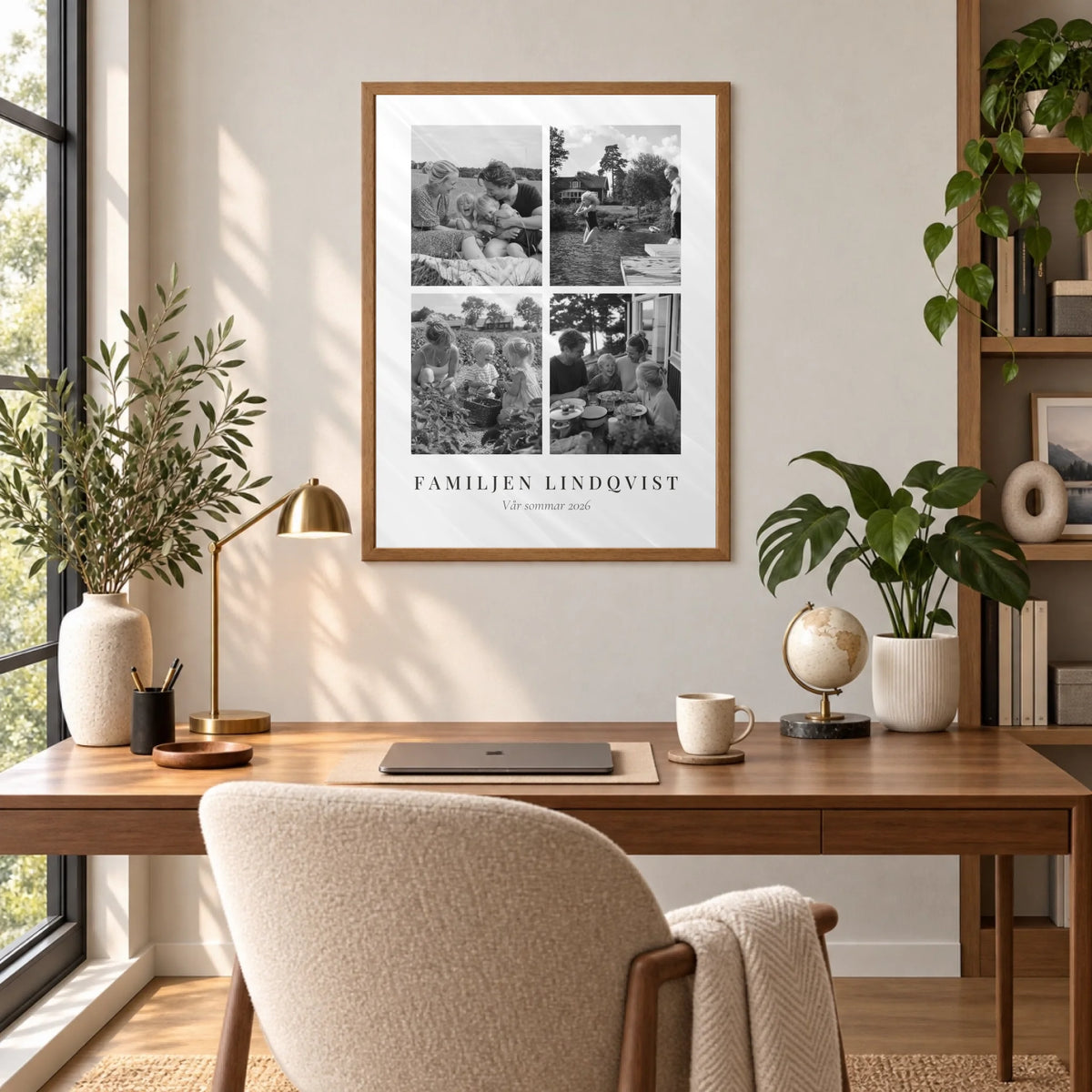 Svartvitt fotocollage med fyra bilder – Fyra Ögonblick, i hemmakontoret