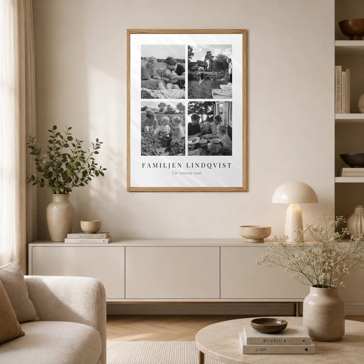 Svartvitt fotocollage med fyra bilder – Fyra Ögonblick, i vardagsrummet