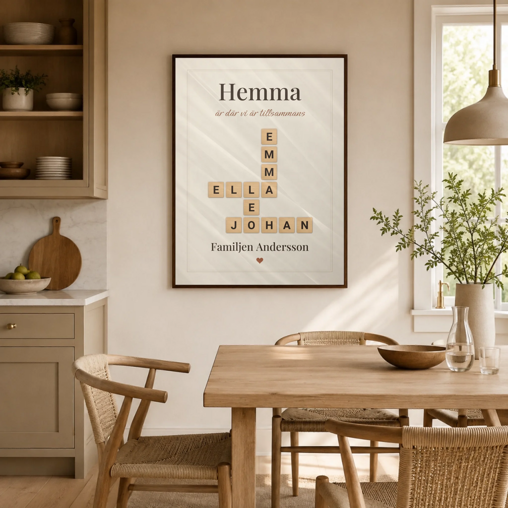 Familjeband Höstmys – familjetavla med namn, i matsalen