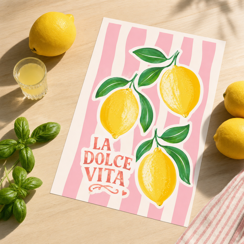 La Dolce Vita poster som löst tryck i flat-lay med citroner