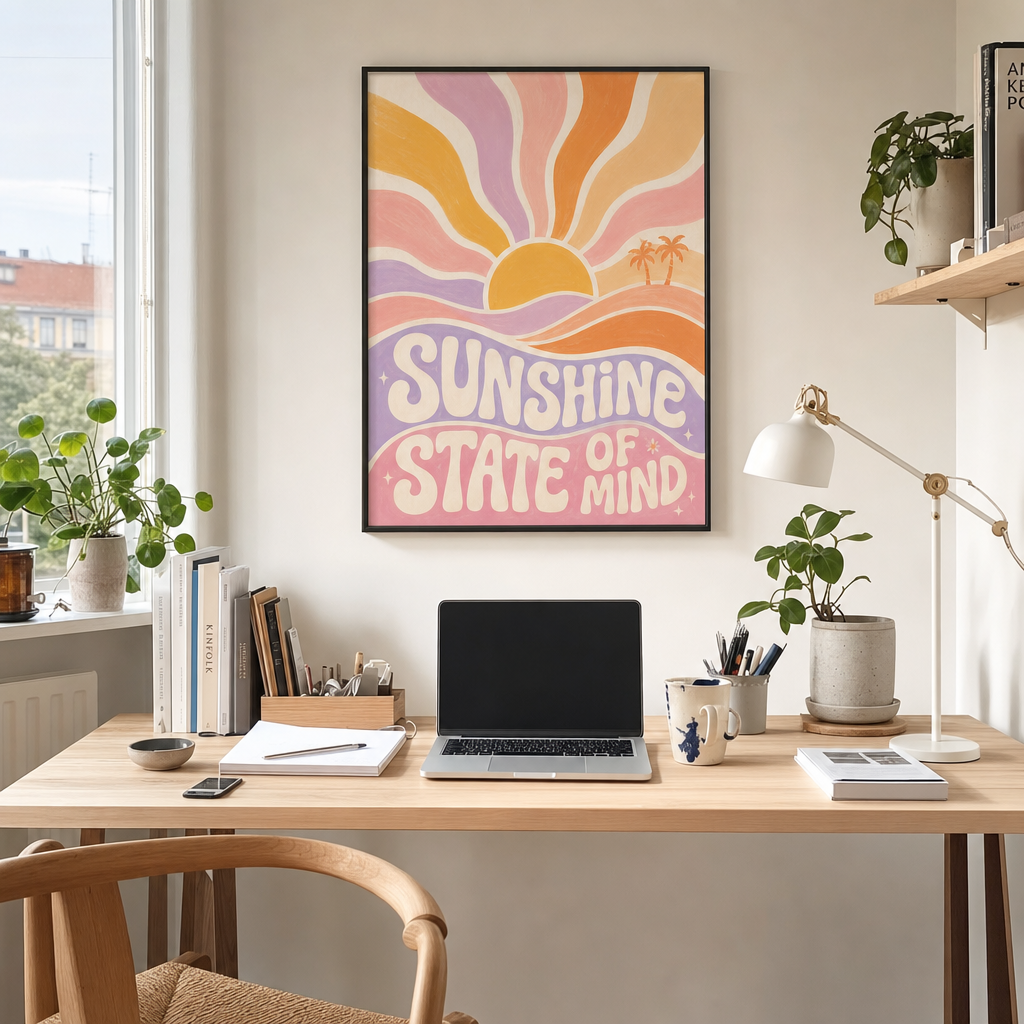 Sunshine State of Mind poster i svart ram ovanför skrivbord i hemmakontor