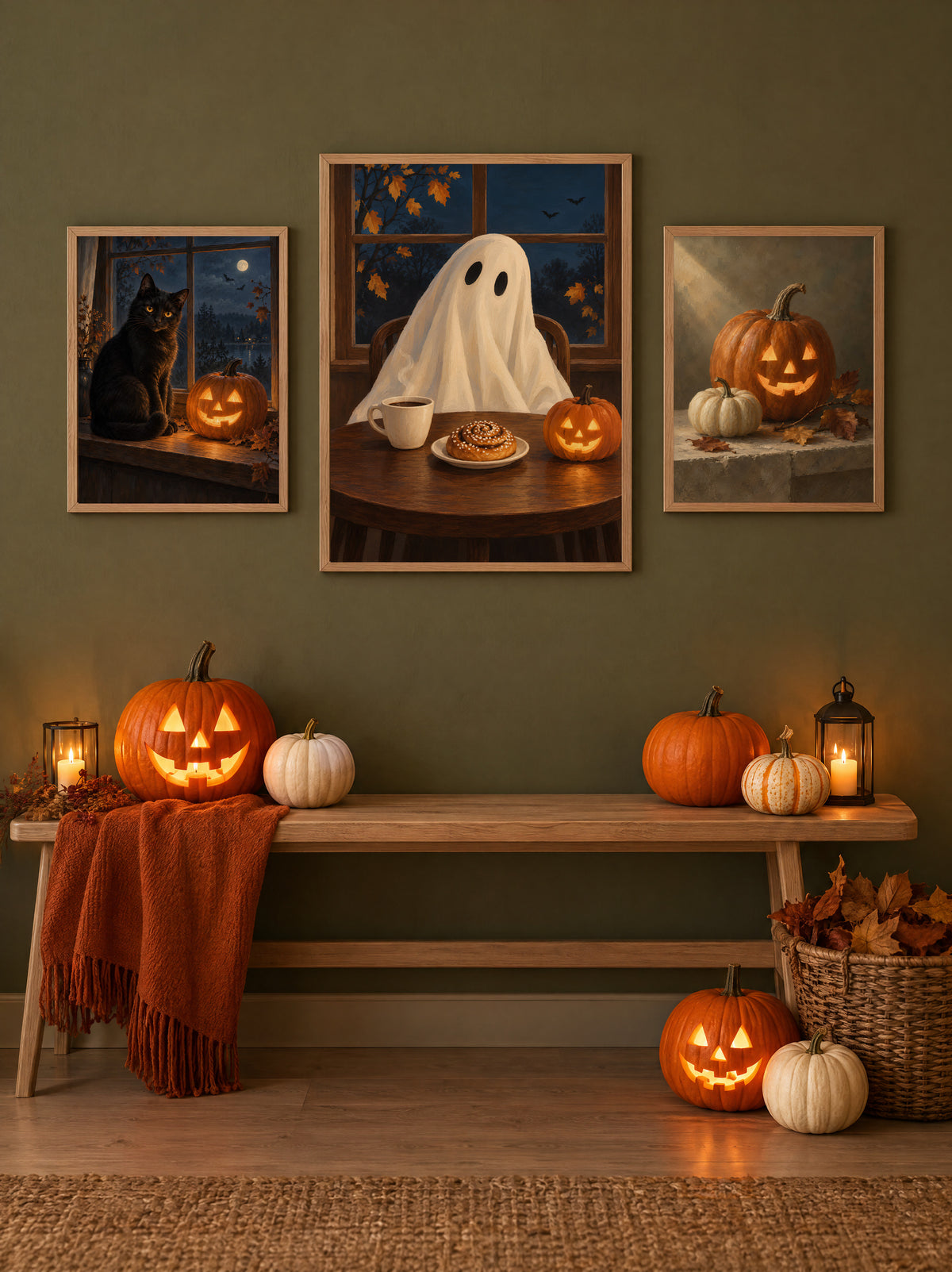 Tavelvägg halloweenserien: Svart Katt i Fönstret, Spökfika och Pumpastilleben