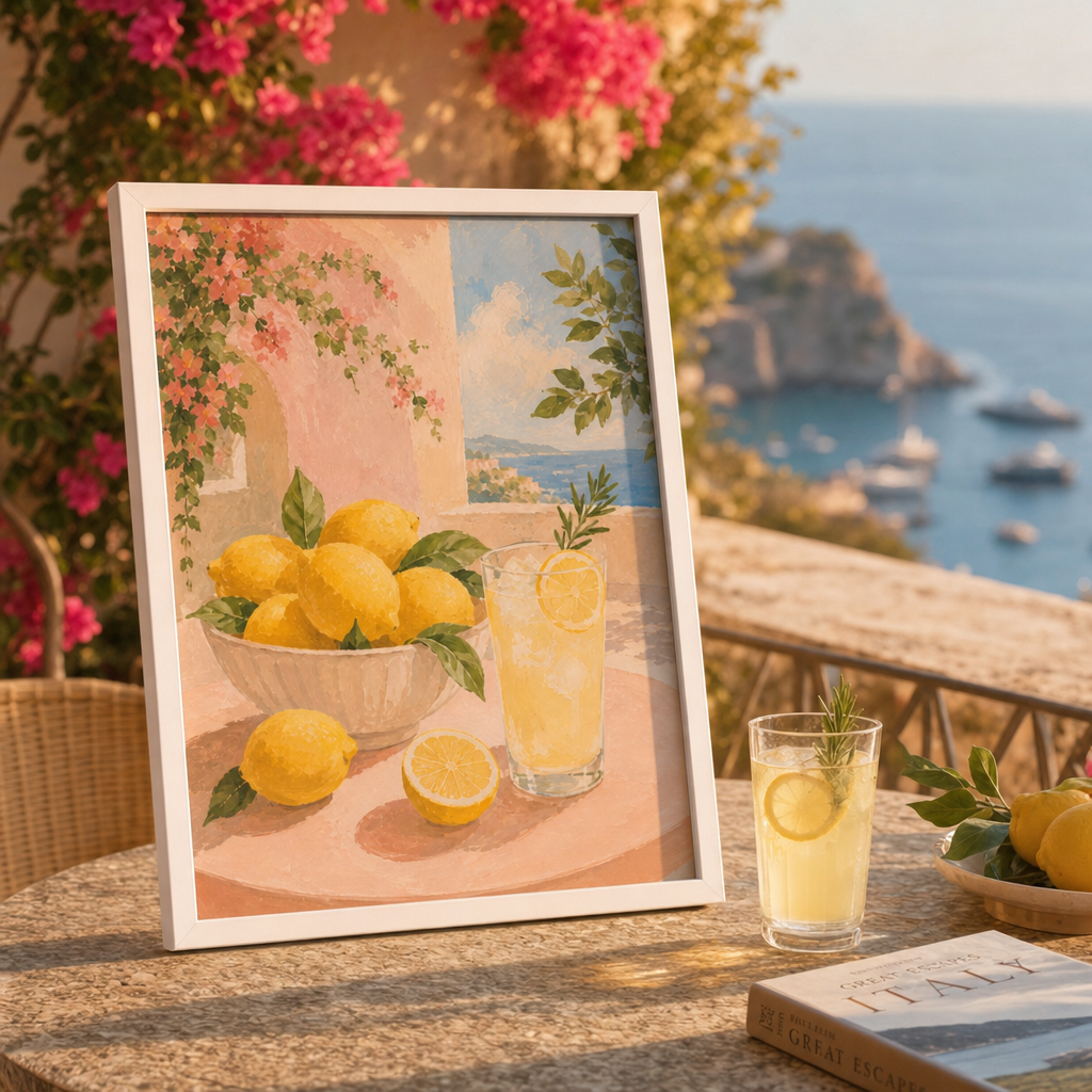 Citroner vid Medelhavet poster lutad på medelhavsbalkong i golden hour (ad-bild)
