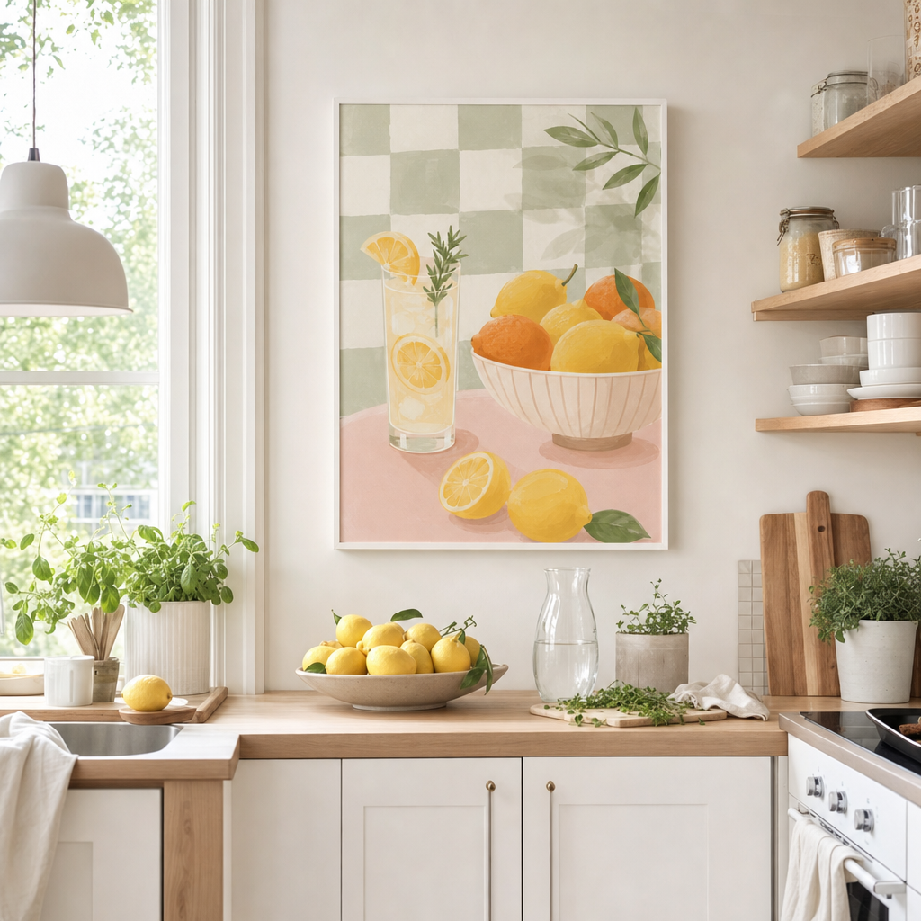Lemonad & Citrus poster i vit ram i ljust svenskt kök