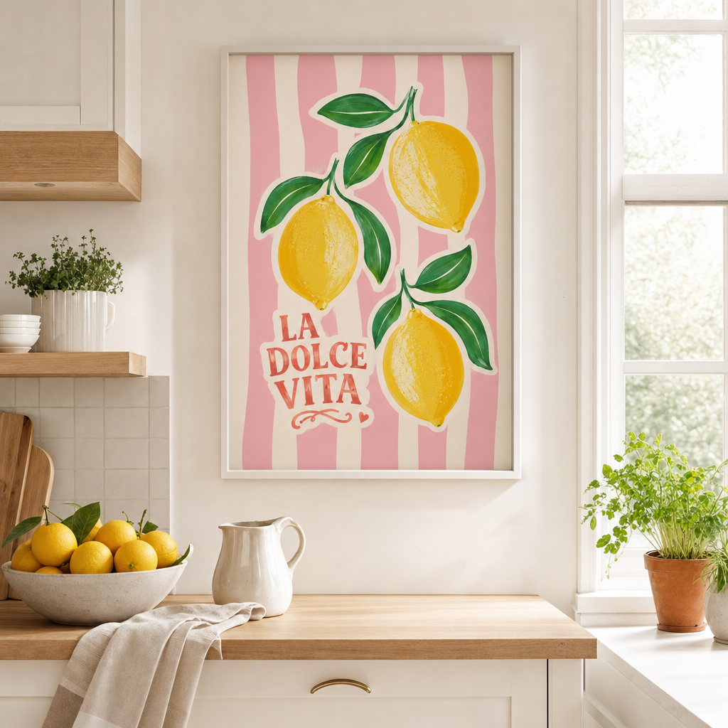 La Dolce Vita poster i vit ram i ljust svenskt kök