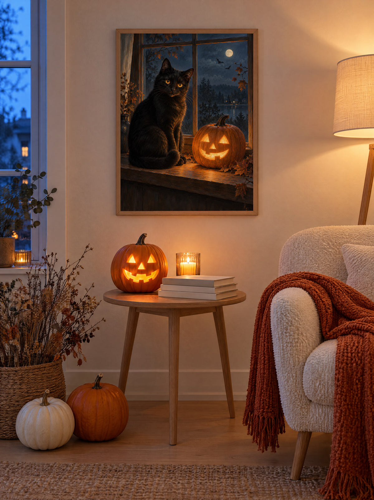 Svart Katt i Fönstret-postern i ekram i halloweenpyntad läshörna