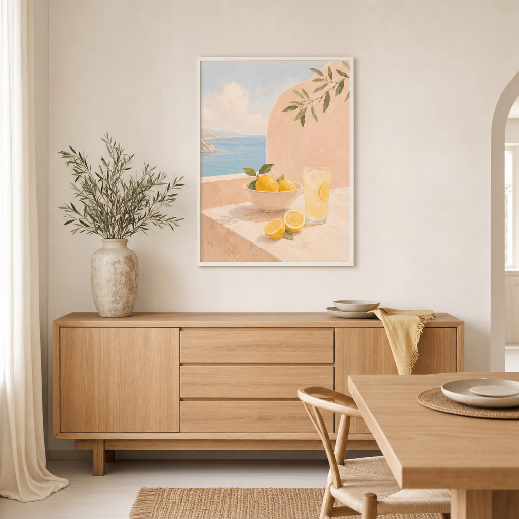 Citroner vid Kusten poster ovanför sideboard i matrum, visar skala