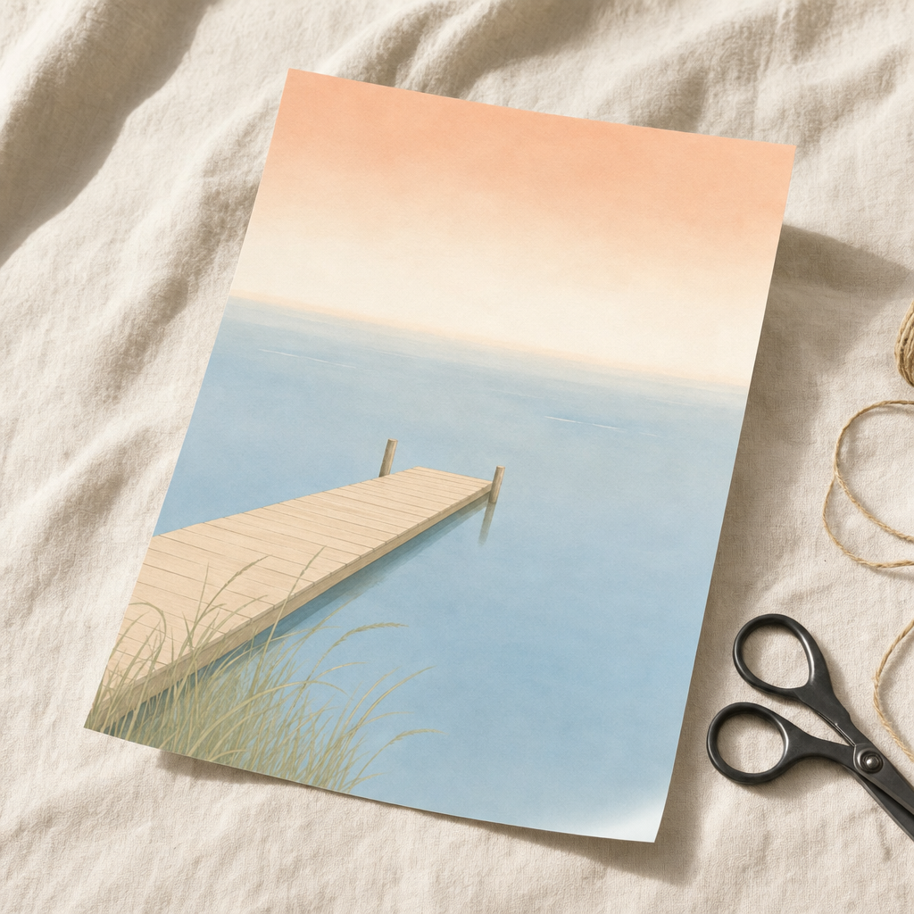 Brygga i Solnedgång poster oramad på linne, flatlay