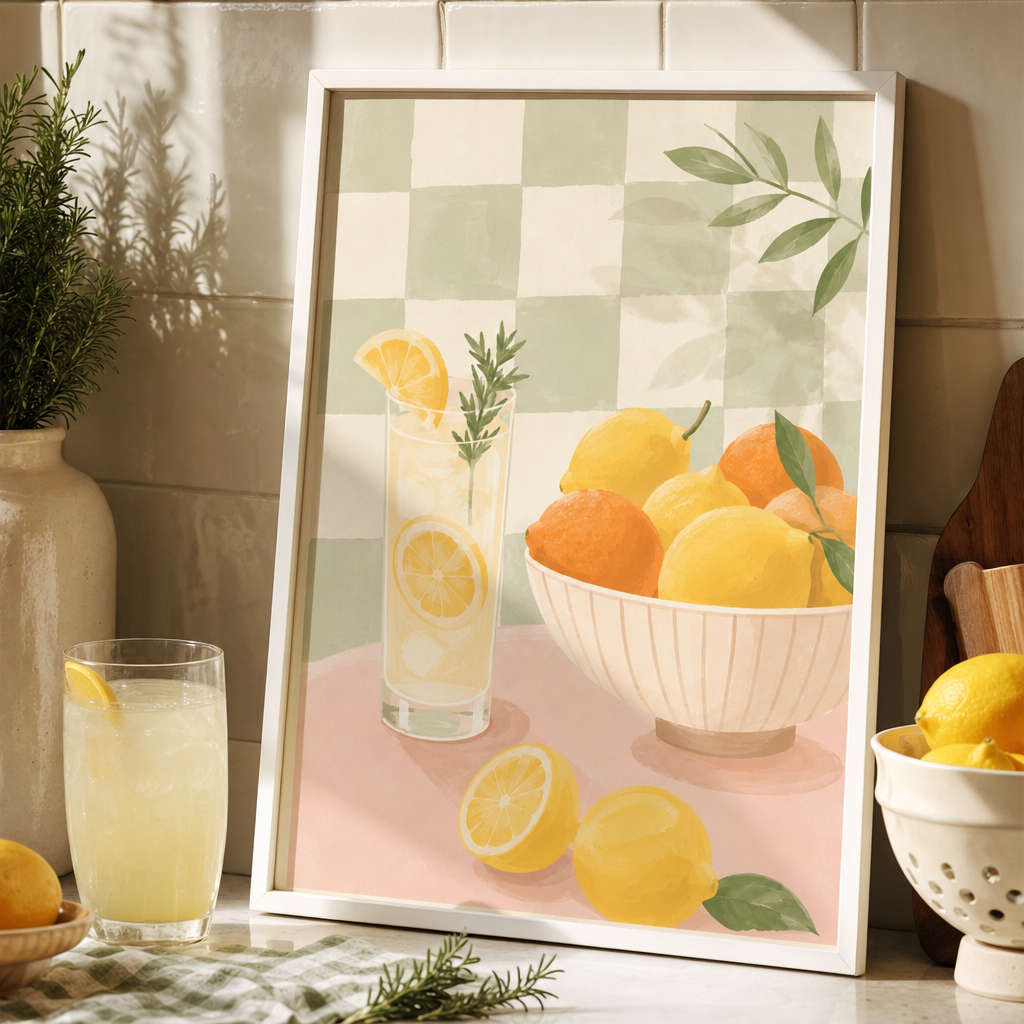 Lemonad & Citrus poster i vit ram lutad på köksbänk, stylad