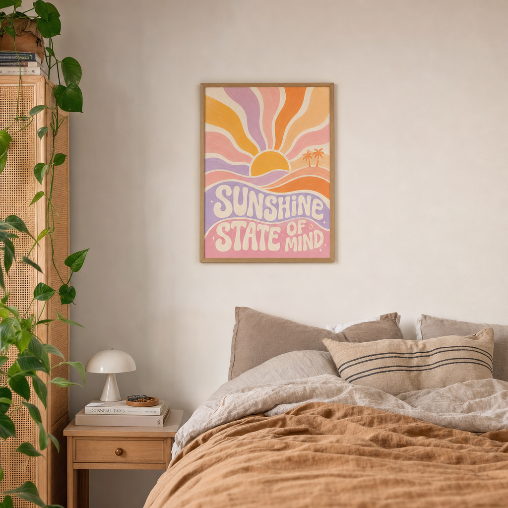 Sunshine State of Mind poster i ekram ovanför sängen