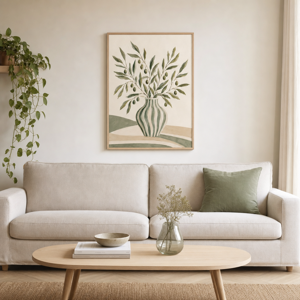 Olivkvistar i Vas poster i ekram ovanför soffa i vardagsrum, visar skala