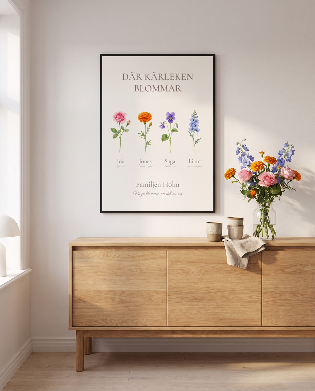 Familjeblom poster med fyra månadsblommor ovanför skänk med blombukett