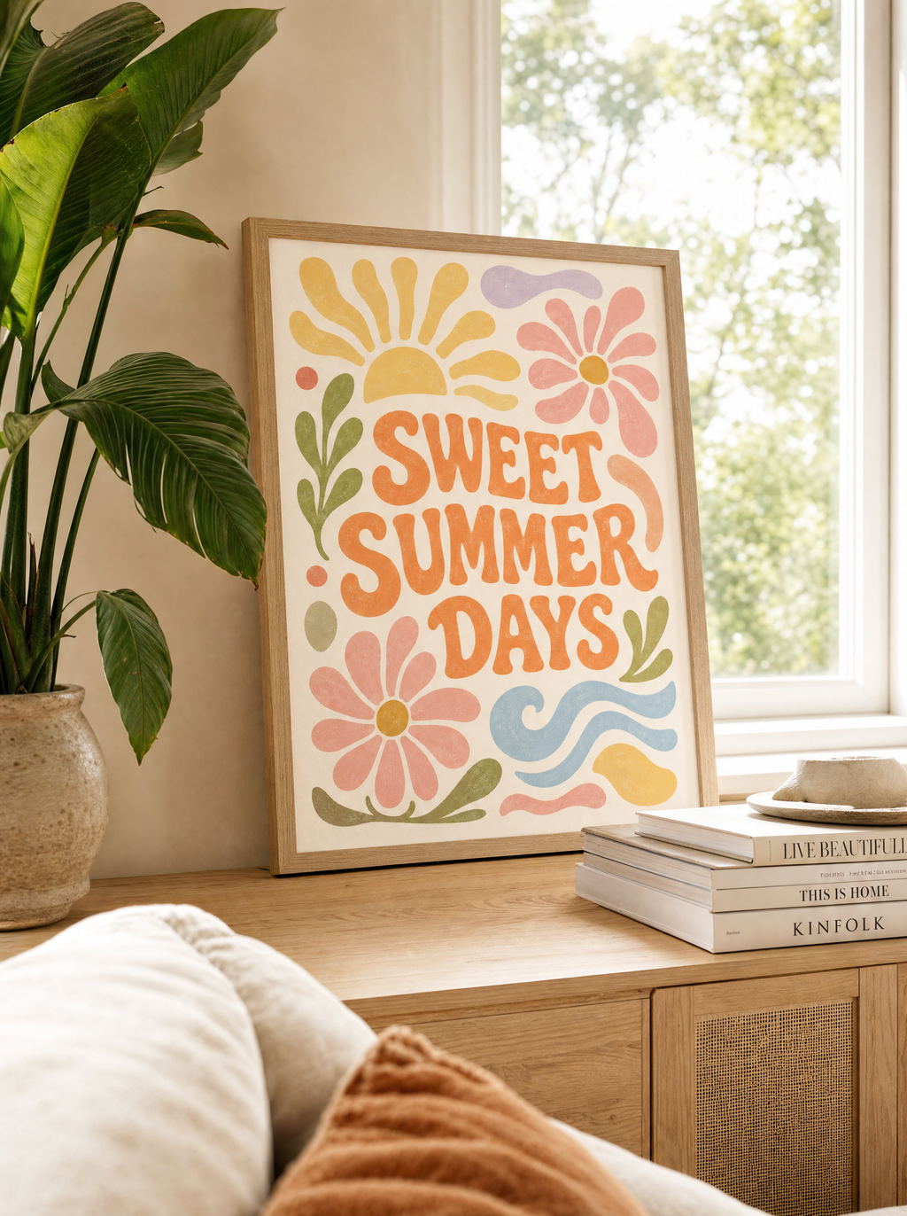 Sweet Summer Days poster i ekram lutad på byrå vid fönster med växter