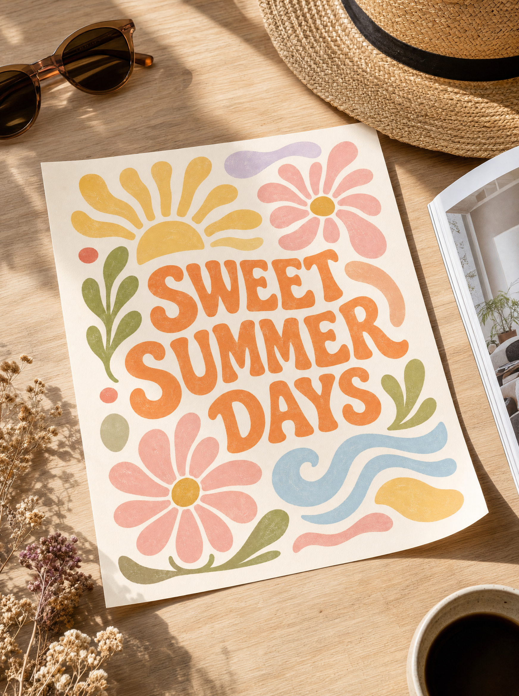 Sweet Summer Days poster som löst tryck i flat-lay med sommarprops