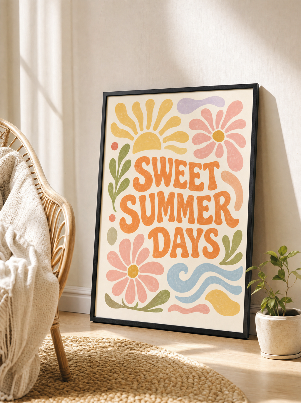 Sweet Summer Days poster i svart ram golvlutad vid rottingstol