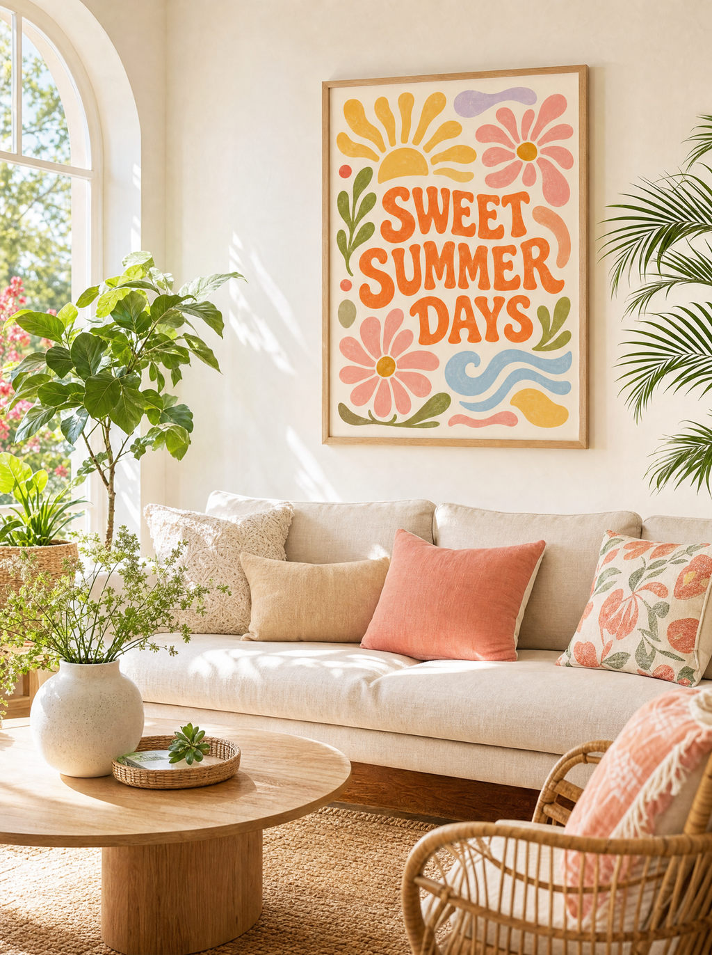 Sweet Summer Days poster i ekram upphängd i ljust sommrigt vardagsrum