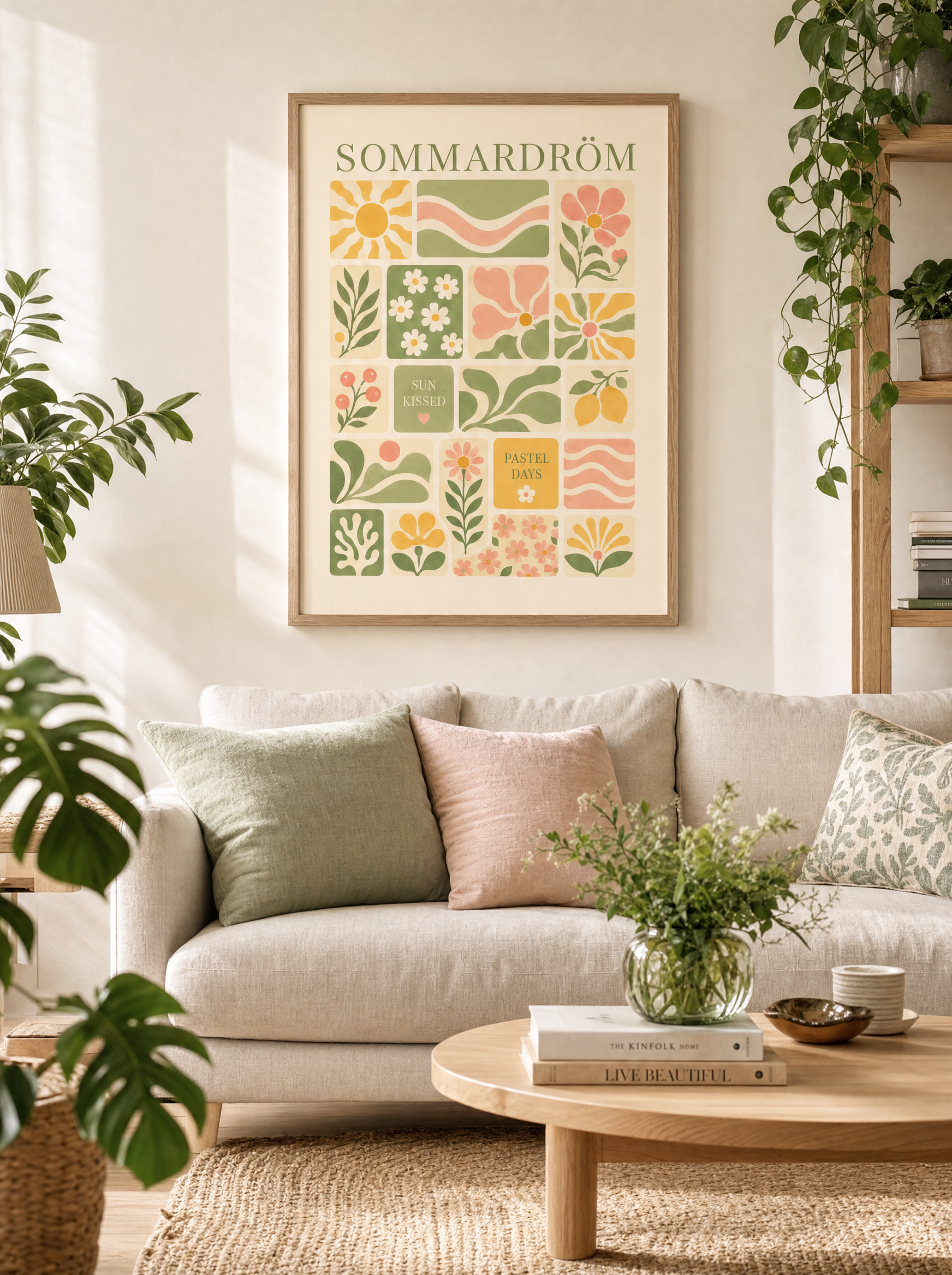 Sommardröm poster i ekram upphängd i ljust vardagsrum