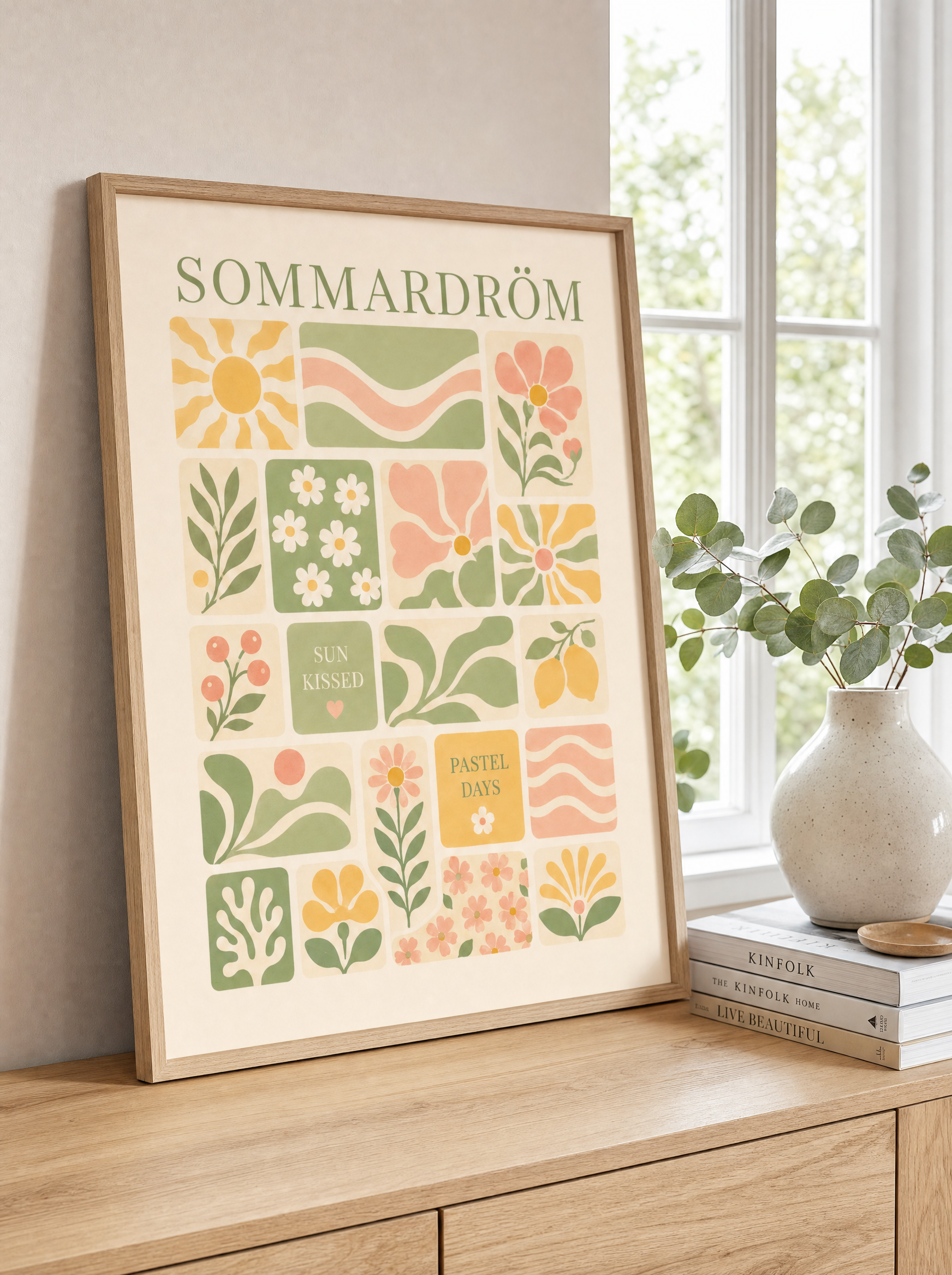 Sommardröm poster i ekram lutad på byrå vid fönster